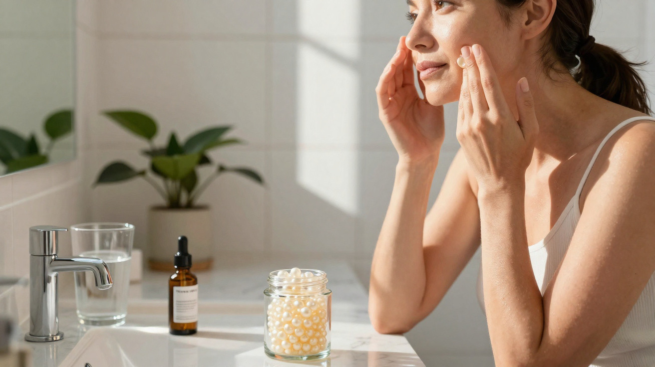 Mulher aplicando creme facial em banheiro ensolarado com frascos de produtos sobre a pia.