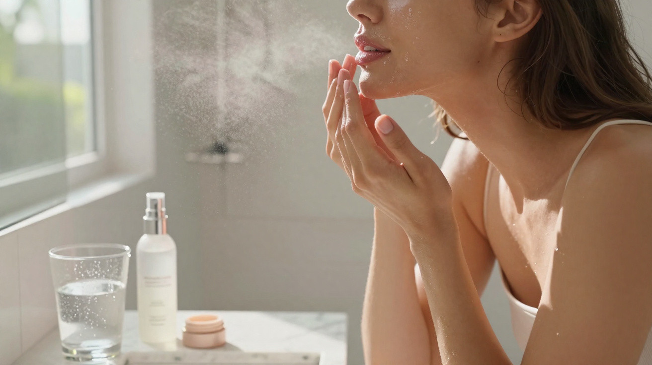 Mulher aplicando spray facial em ambiente iluminado, com produtos de skincare e copo d'água sobre a mesa.