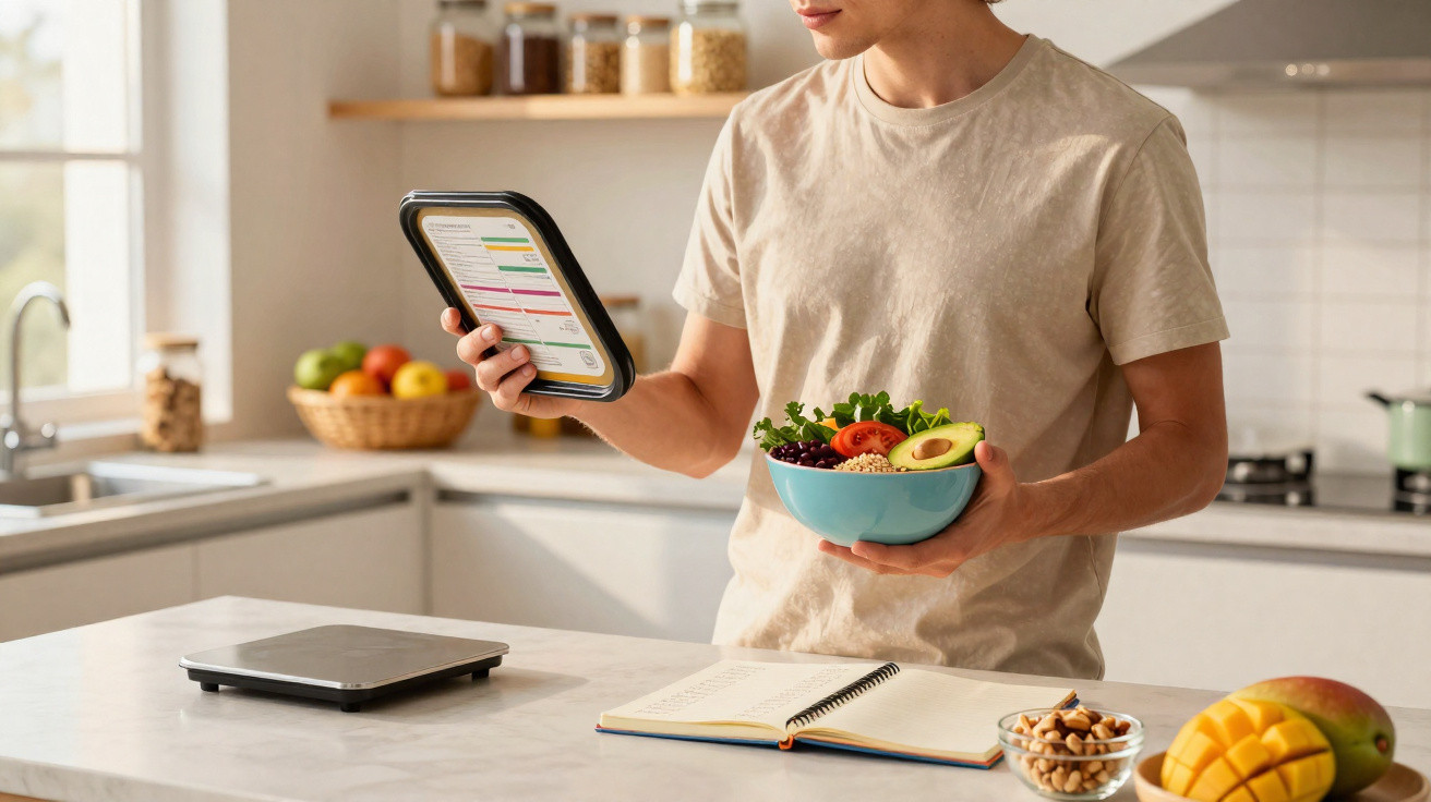 Pessoa segurando tigela de salada e olhando para aplicativo de dieta em tablet na cozinha.