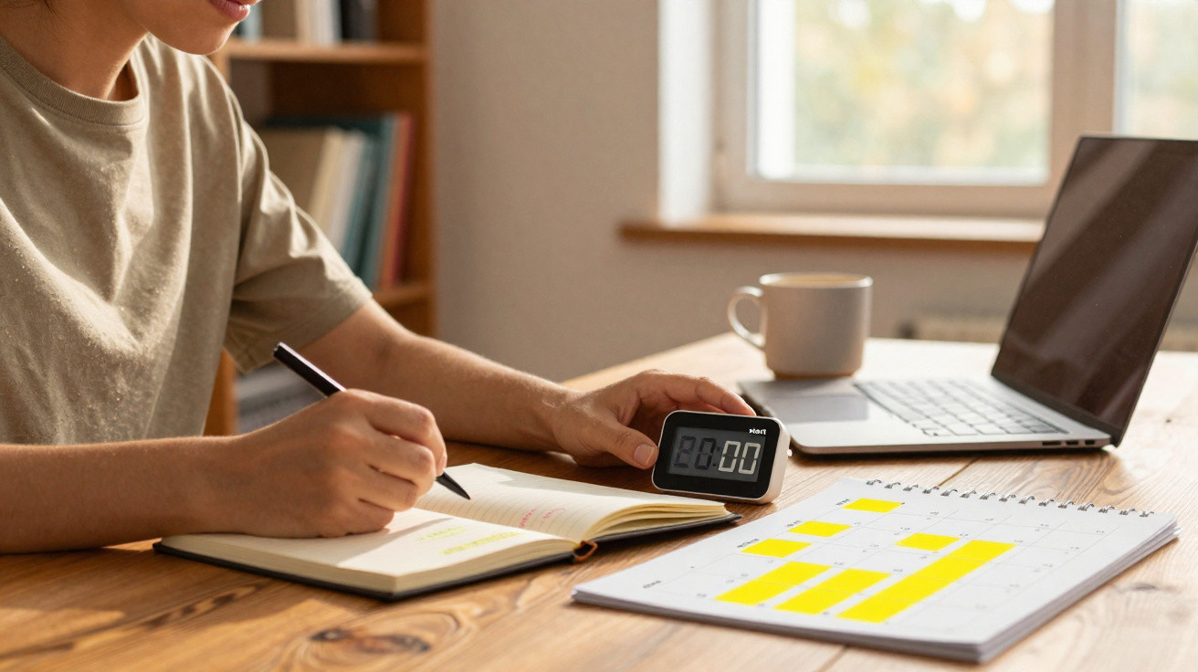 Pessoa escrevendo em caderno ao lado de relógio digital, calendário e laptop sobre mesa de madeira.