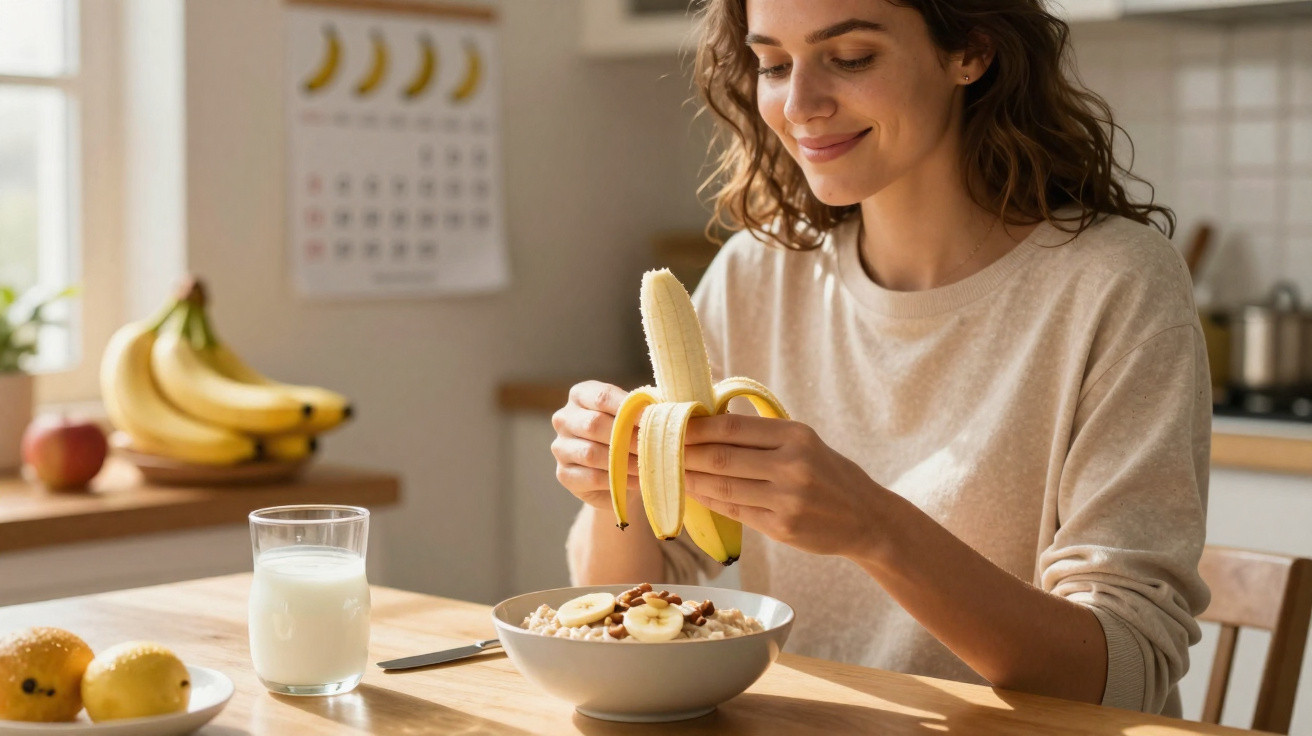 Mulher sorrindo descascando banana para colocar em tigela de mingau na cozinha iluminada.