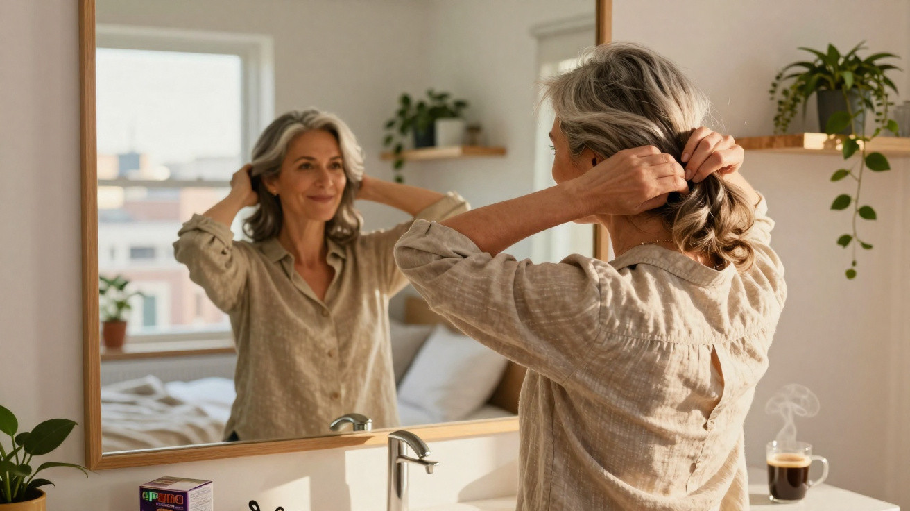 Mulher madura arrumando o cabelo em frente ao espelho em ambiente claro e acolhedor.
