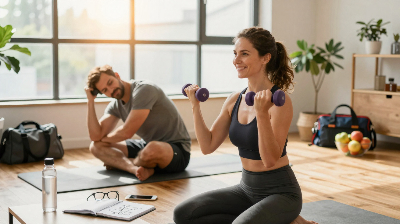 Mulher e homem praticando exercícios com halteres em tapetes de yoga em ambiente iluminado e arejado.