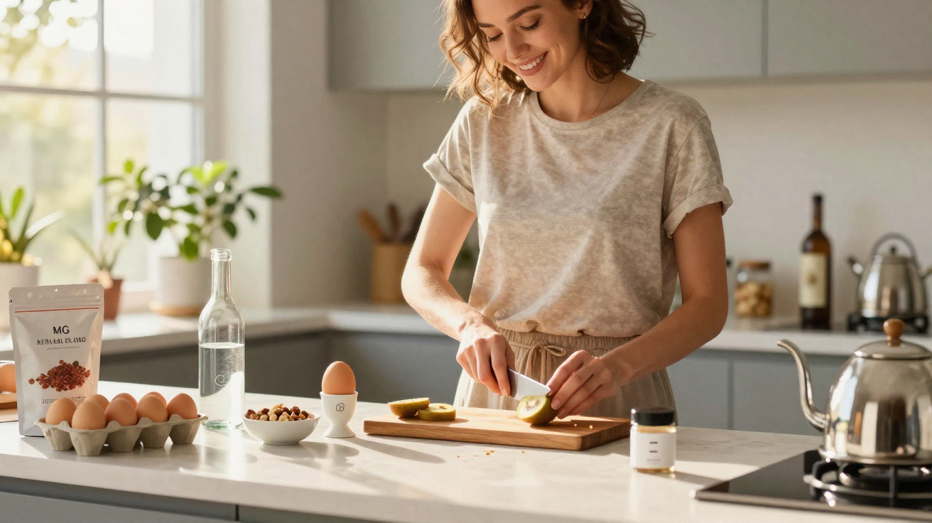 Mulher sorridente cortando kiwi na cozinha moderna com ovos e ingredientes sobre a bancada.