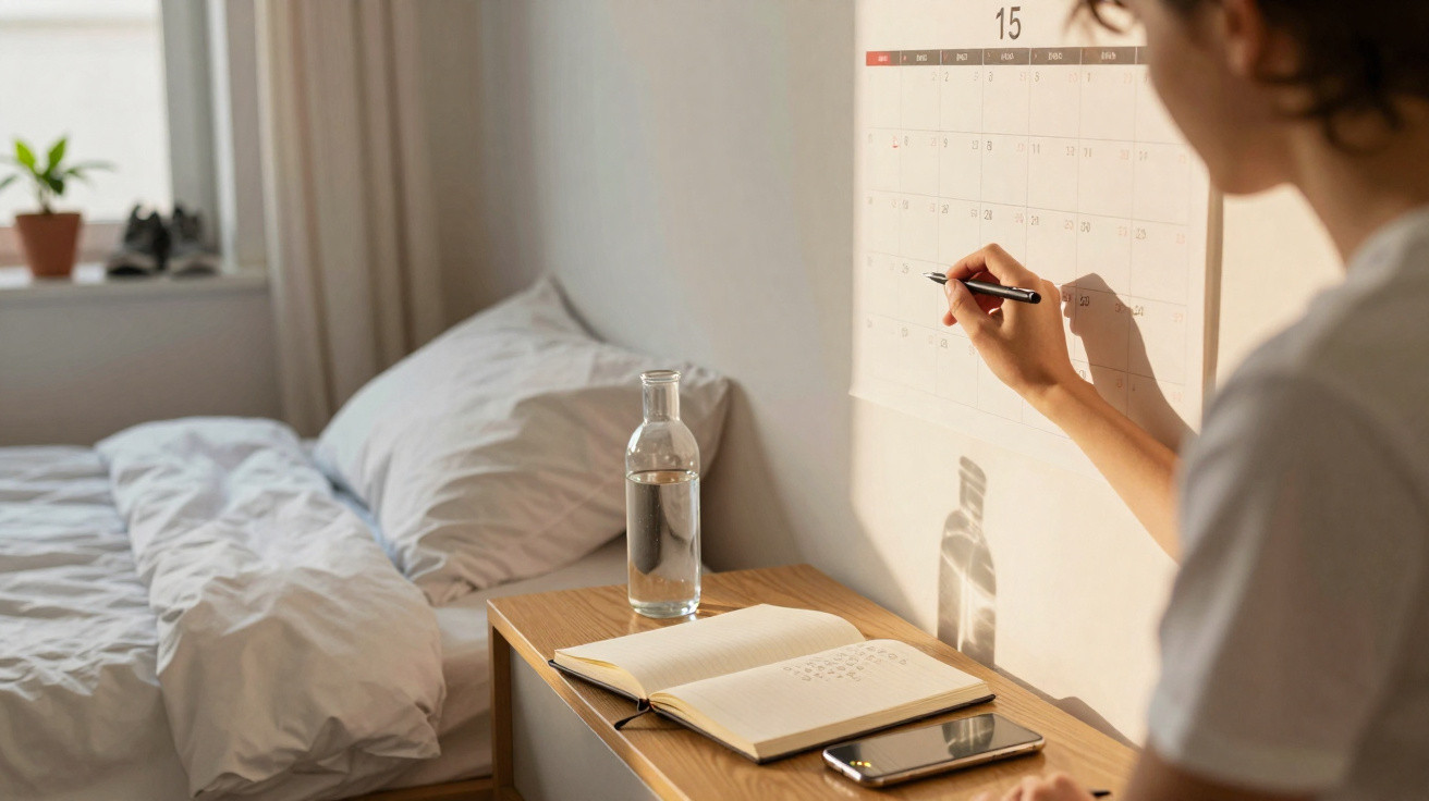 Pessoa escrevendo em calendário na parede ao lado de cama e mesa com garrafa, caderno e celular