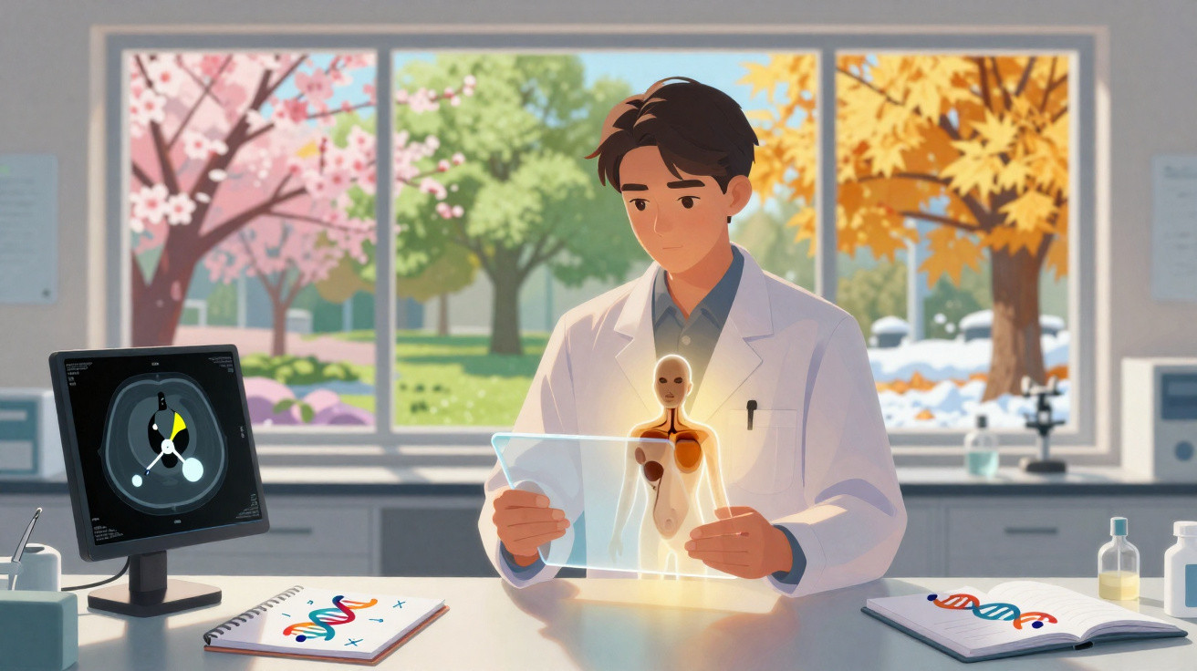 Cientista em laboratório analisando holograma do corpo humano com DNA e equipamento científico ao fundo.