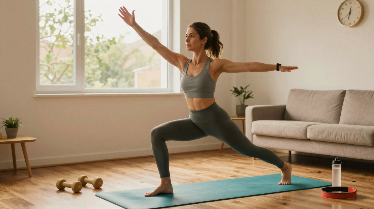 Mulher fazendo yoga em postura guerreiro em tapete azul na sala com halteres e garrafa d'água.