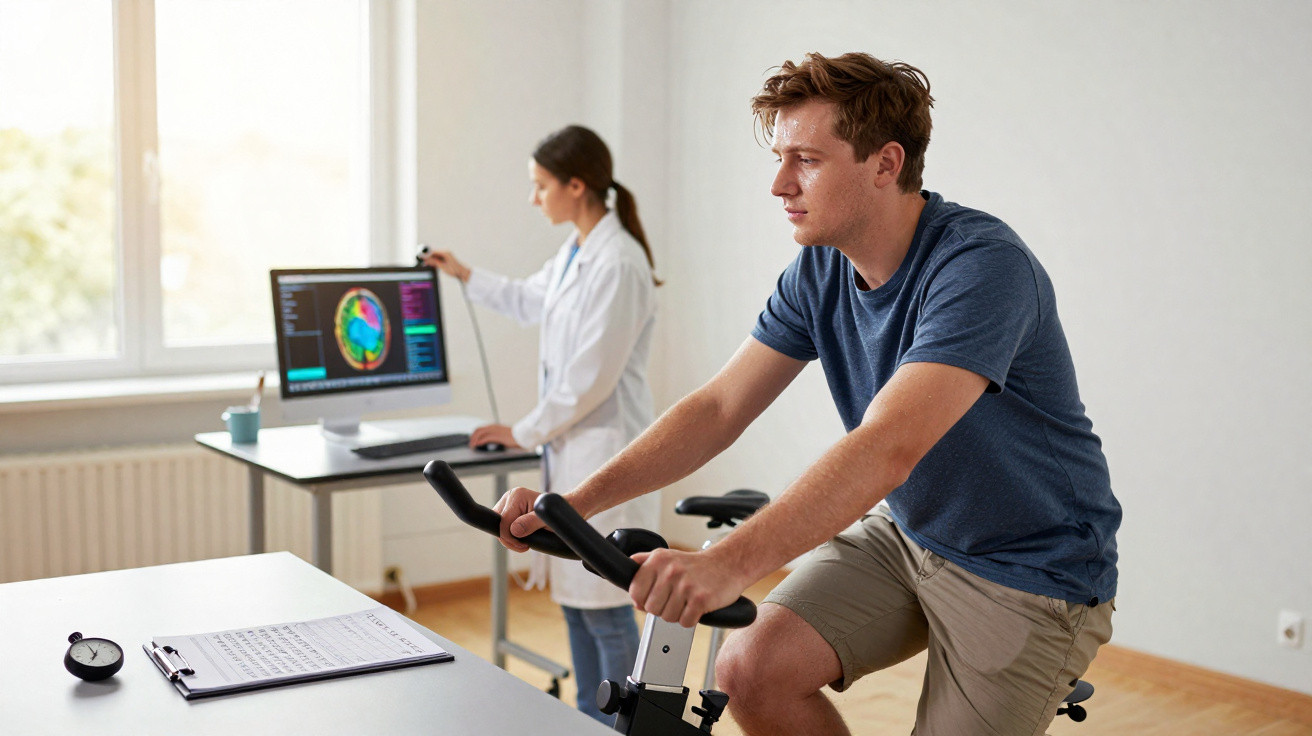 Homem pedalando bicicleta ergométrica em exame com médica analisando dados no computador.