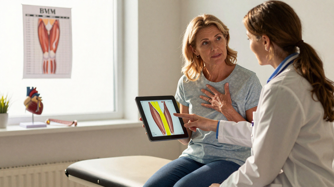 Médica mostrando imagem de músculos da coxa para mulher em consulta no consultório médico.