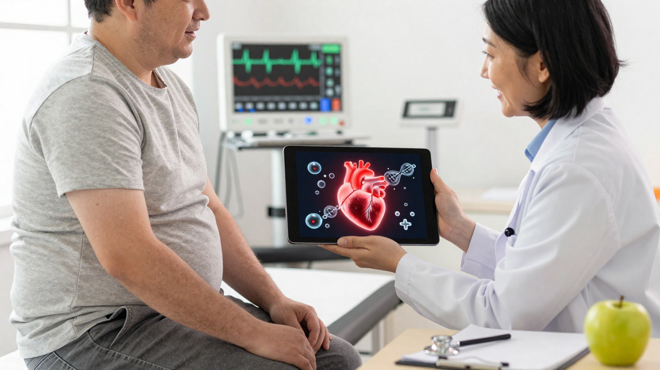 Médica mostrando imagem ilustrativa do coração para paciente em consultório com monitor cardíaco ao fundo.