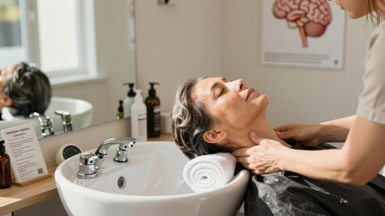 Mulher com olhos fechados recebe massagem no pescoço enquanto está reclinada em lavatório de salão de beleza.