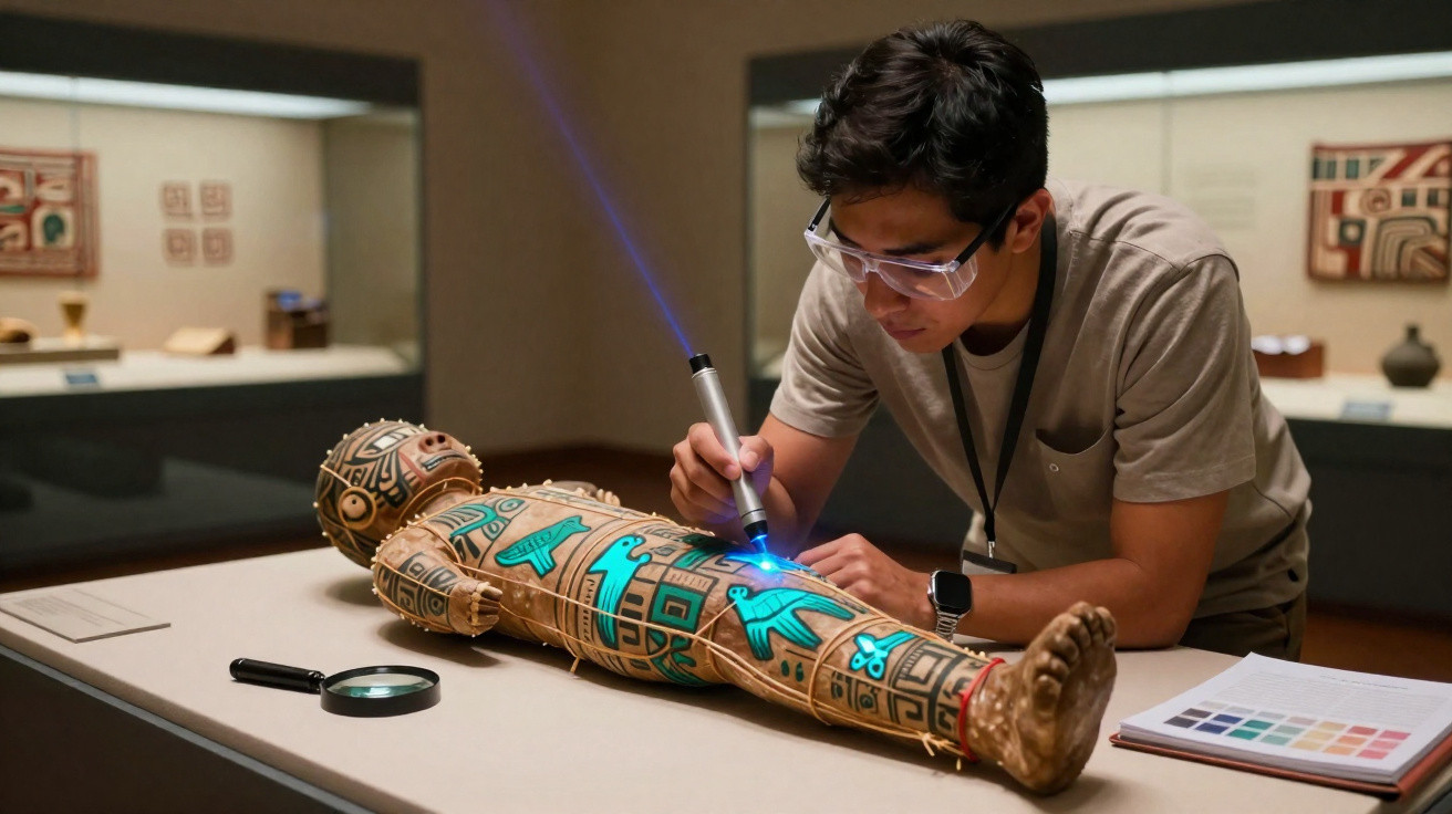 Pesquisador usando lanterna UV para examinar múmia decorada com pinturas etnográficas em museu.