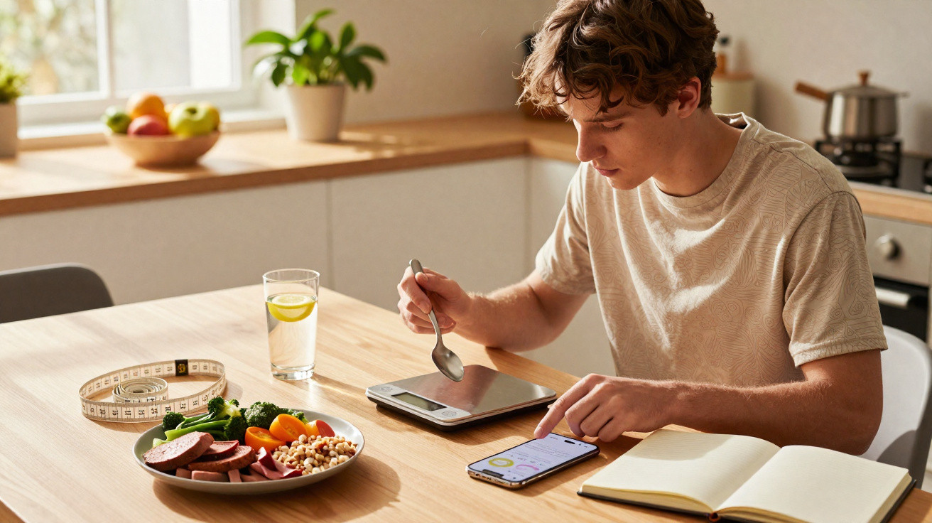 Jovem sentado à mesa com prato saudável, balança digital, caderno e celular, monitorando alimentação.