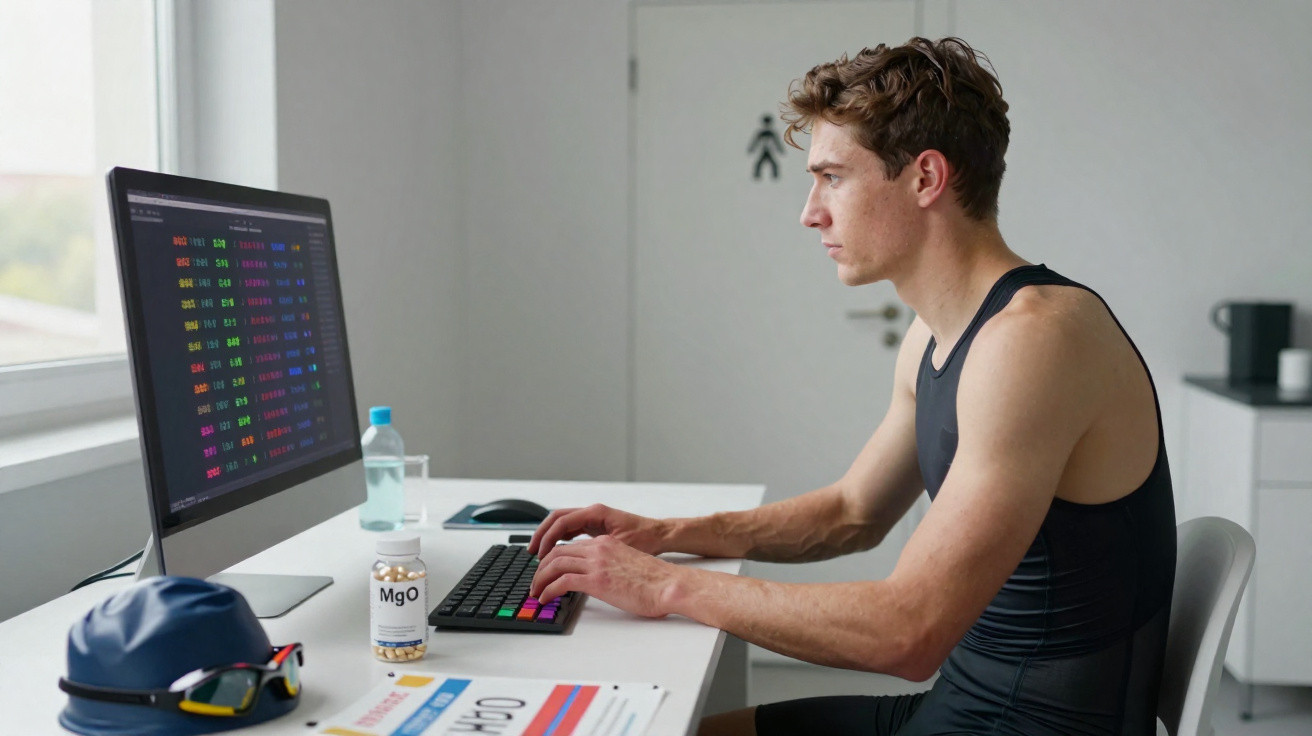 Homem jovem em roupa esportiva sentado em mesa, focado em monitor com gráficos coloridos.