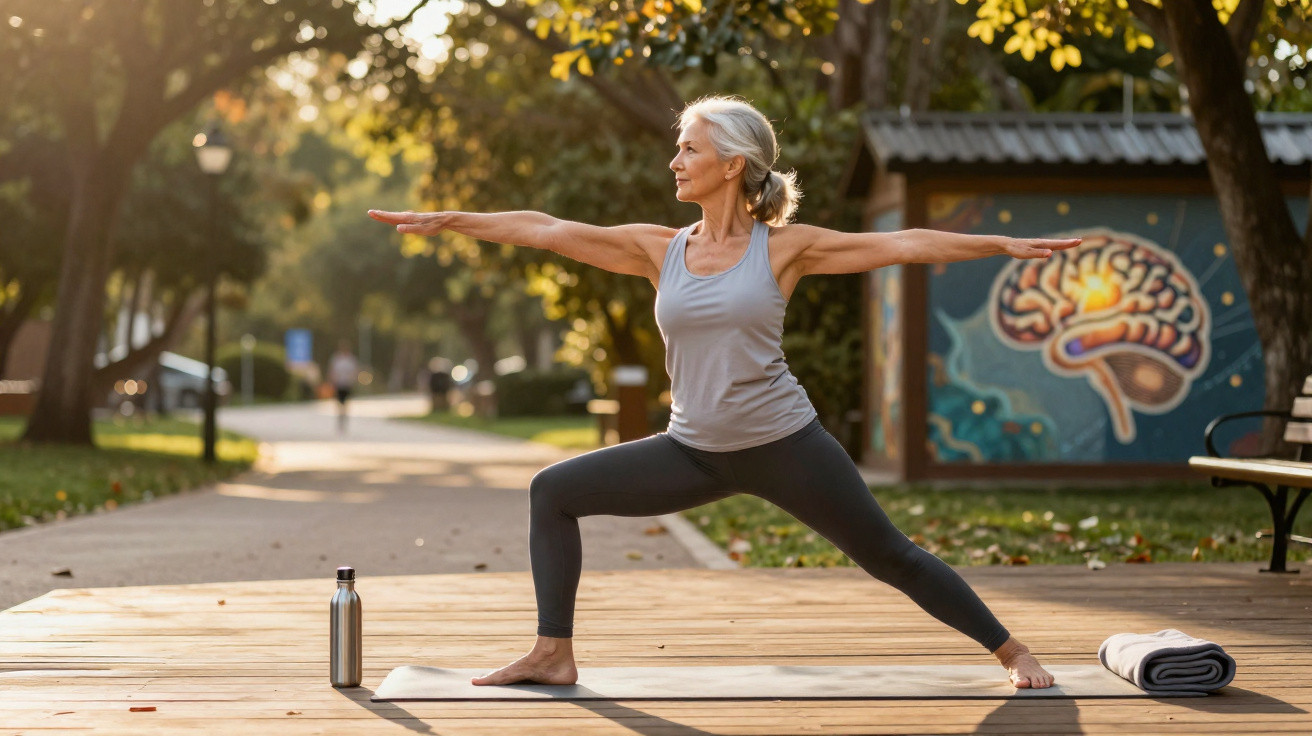 Mulher idosa praticando yoga ao ar livre em parque com luz do sol ao fundo e pintura de cérebro na parede.
