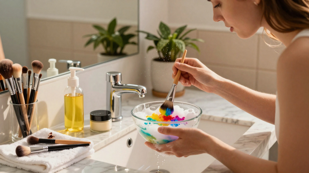 Pessoa molhando pincel de maquiagem em tigela com cores vibrantes sobre pia de banheiro.