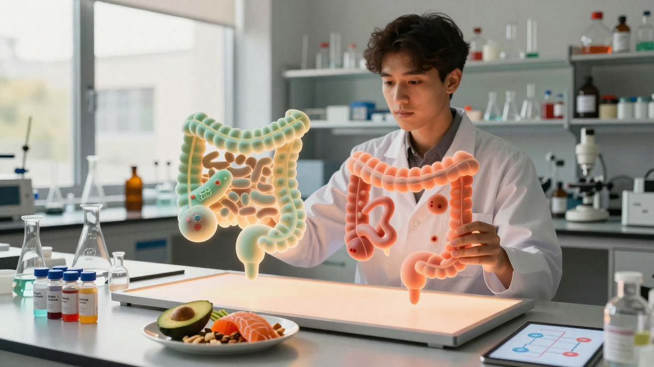 Cientista em laboratório analisando hologramas coloridos do intestino com alimentos saudáveis na mesa.