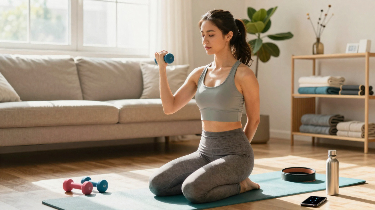 Mulher fazendo exercício com halteres em sala iluminada, sentada em tapete de yoga.
