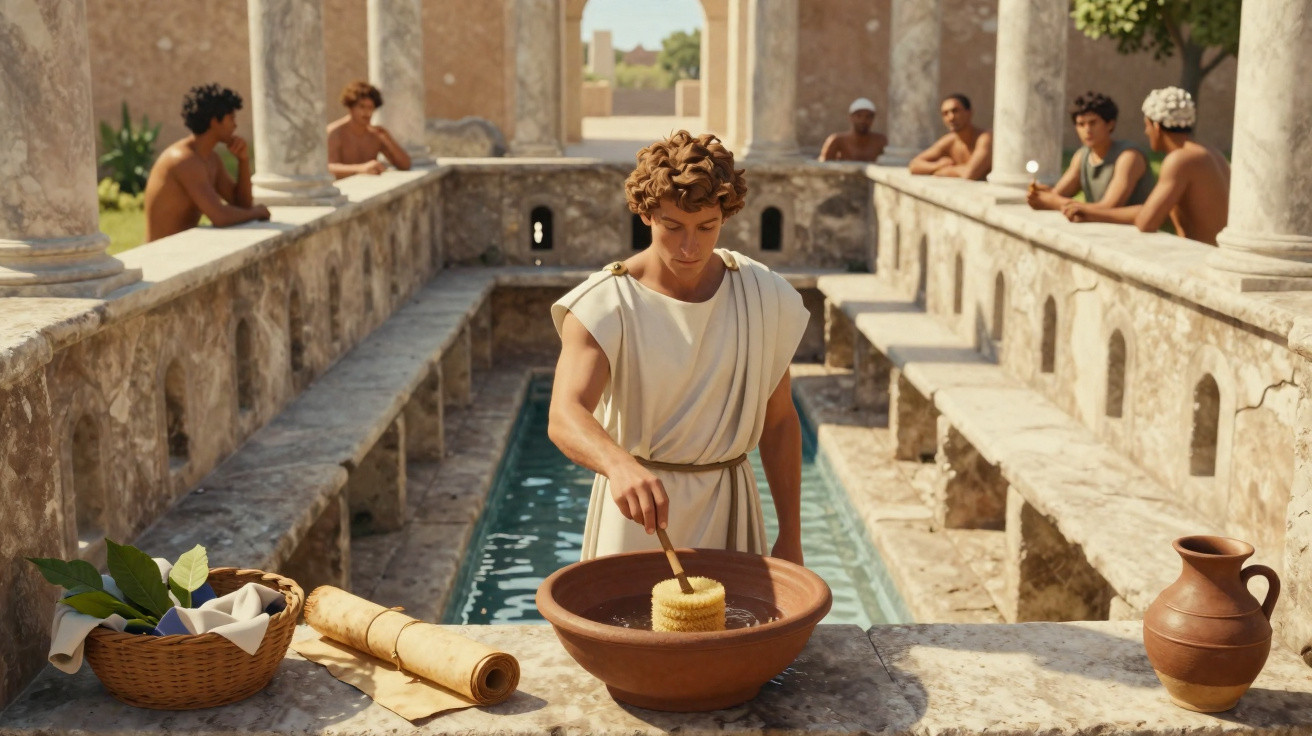 Jovem vestido com túnica branca em pátio romano antigo, com água e outras pessoas ao fundo.