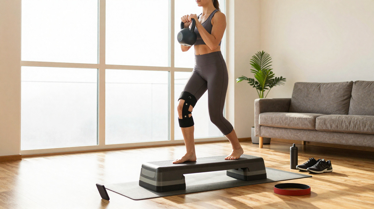 Mulher fazendo exercício com kettlebell e joelheira em casa, usando step e roupas esportivas.