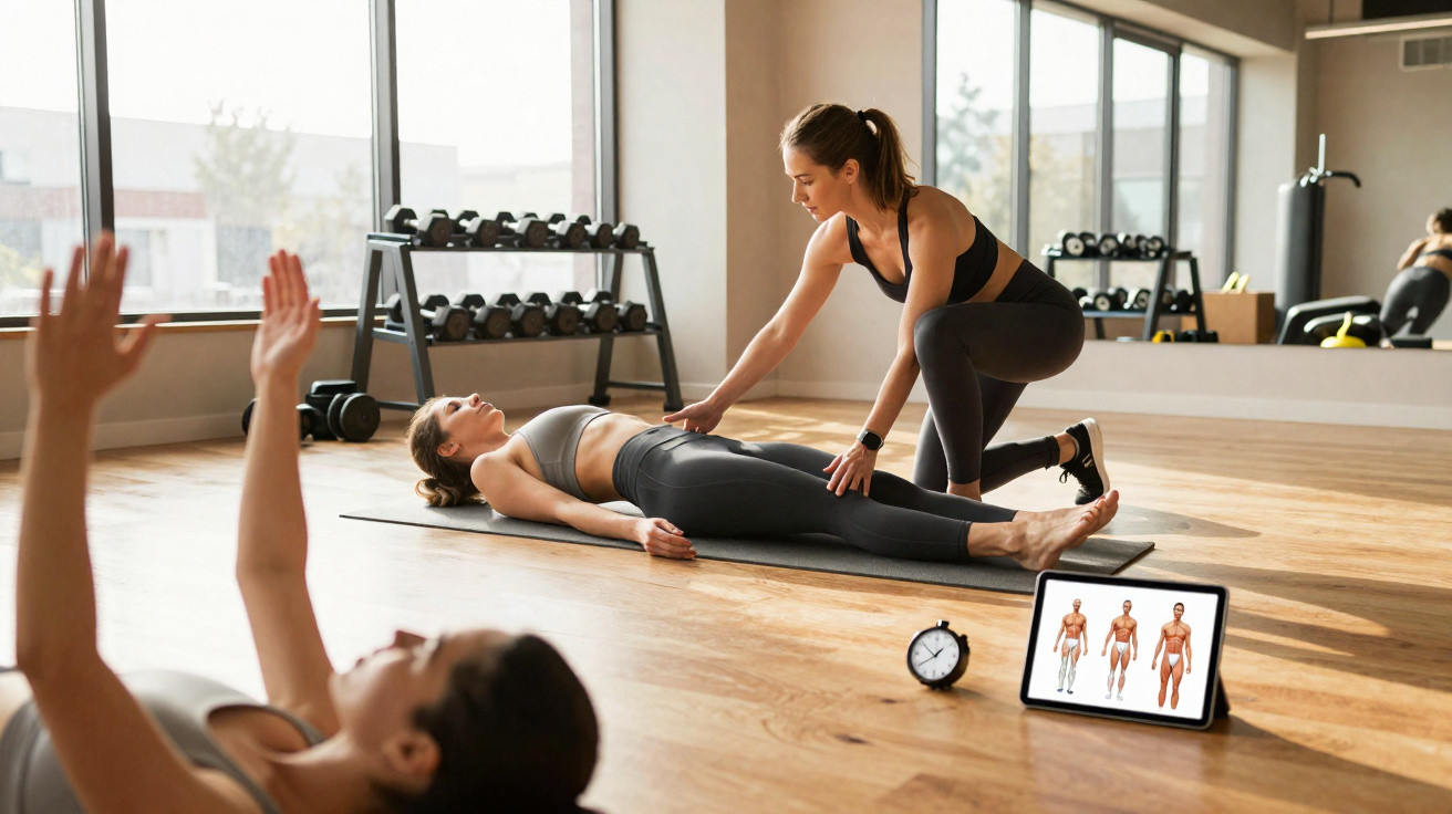 Instrutora de fitness ajudando aluna deitada em exercício em estúdio com tablet e halteres ao fundo.