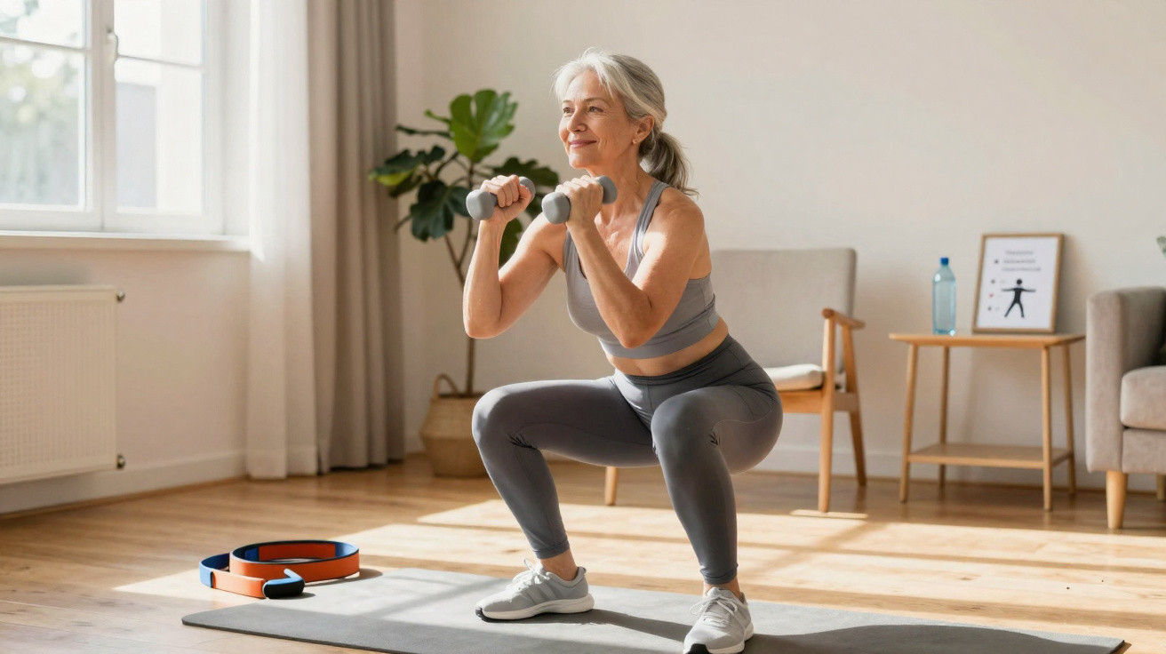 Mulher madura fazendo agachamento com halteres em sala clara, exercitando-se em tapete de yoga.