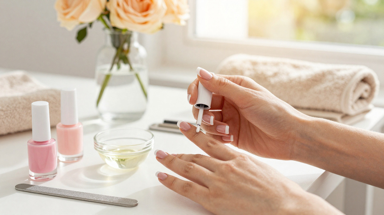 Pessoa aplicando esmalte branco nas unhas em ambiente iluminado com itens de manicure e flores ao fundo.