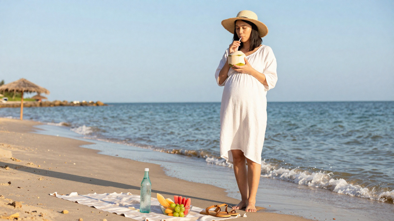 Mulher grávida de vestido branco e chapéu bebe água de coco na praia ao entardecer.