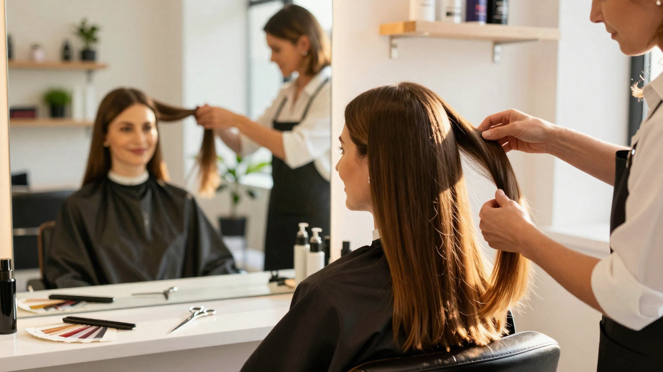 Mulher sorrindo sentada em salão de beleza enquanto cabeleireira penteia seu cabelo longo e liso.