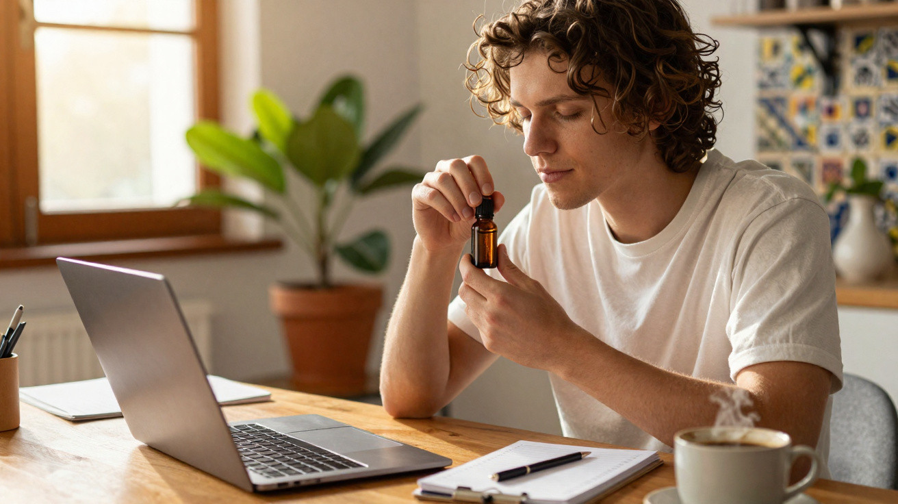 Homem segurando frasco de óleo essencial sentado à mesa com laptop, caderno e xícara de chá fumegante.