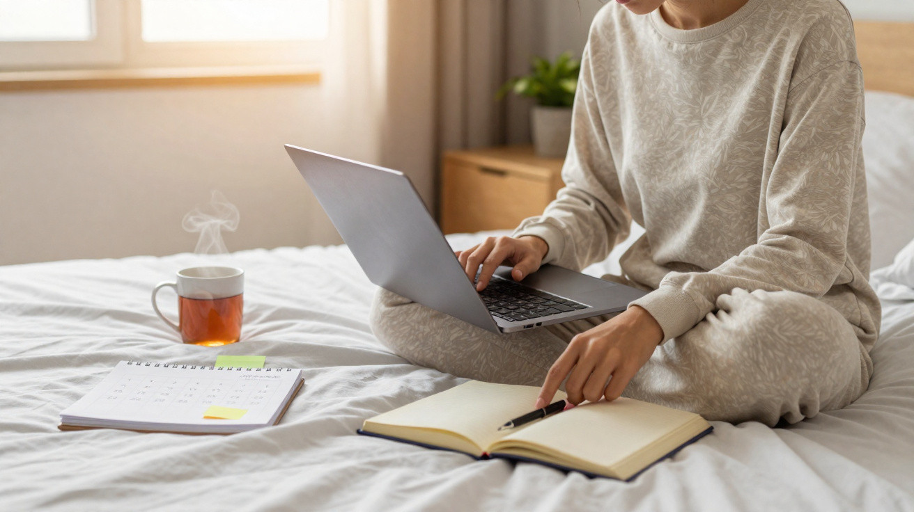 Pessoa em pijama sentado na cama usando laptop com caderno aberto, calendário e xícara de chá ao lado.