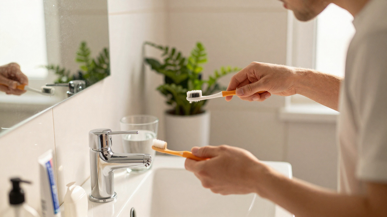 Pessoa segurando duas escovas de dente em frente à pia de banheiro com plantas ao fundo.