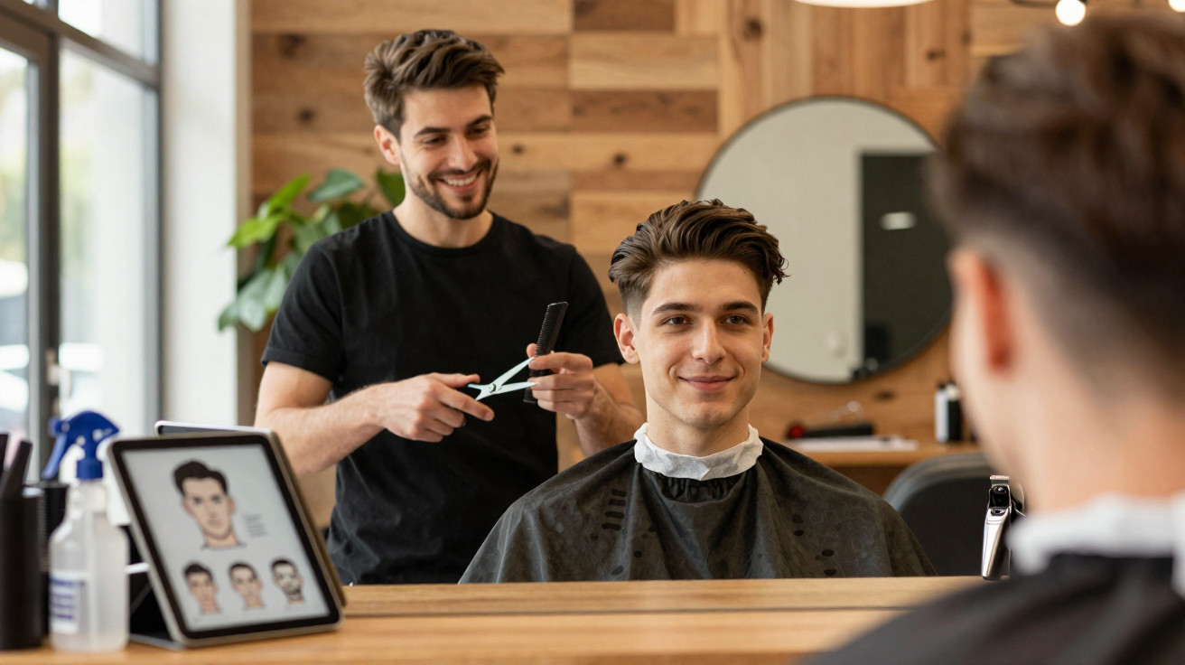 Homem sorridente cortando o cabelo de cliente que observa o resultado no espelho em salão moderno.