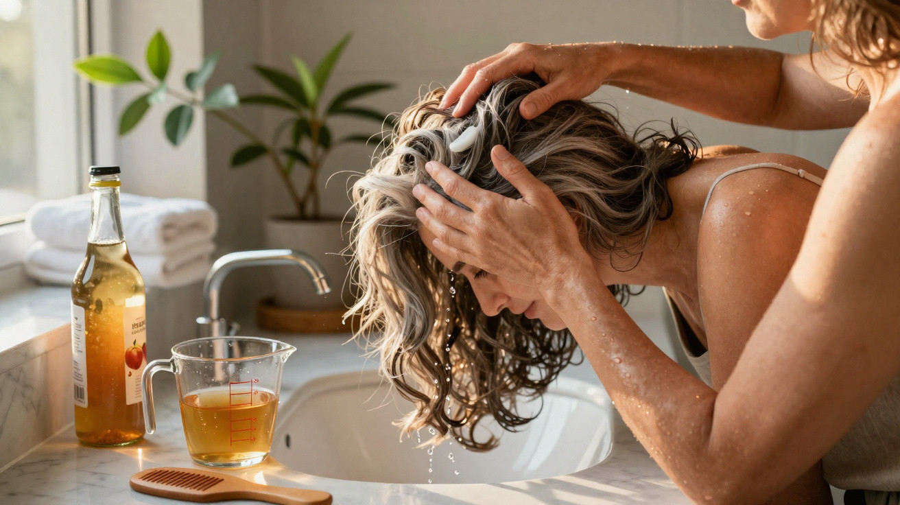 Pessoa lavando o cabelo com água na pia, ao lado de pente de madeira e recipiente com líquido amarelado.
