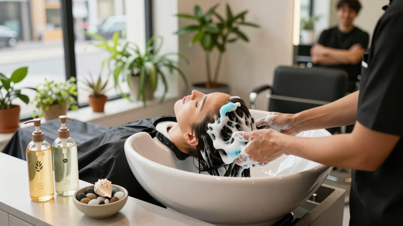 Mulher recebendo lavagem de cabelo em salão de beleza com profissional aplicando shampoo.