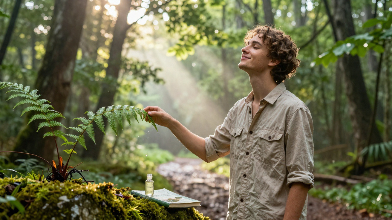 Jovem em floresta tocando samambaia com olhos fechados, ao lado de livro e frasco sobre musgo.
