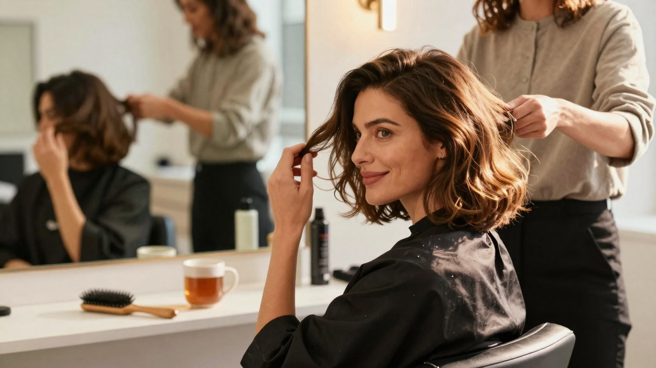 Mulher sorrindo enquanto recebe corte de cabelo em um salão com espelho e chá na mesa.