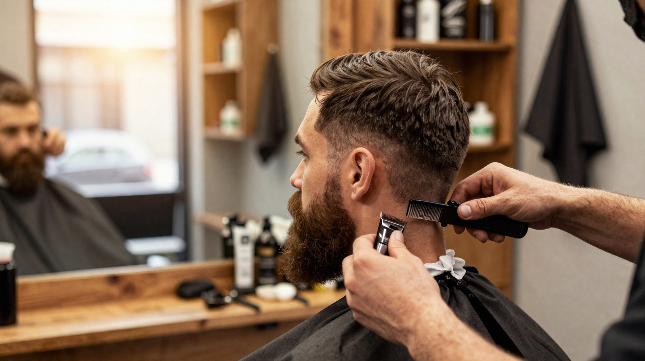 Homem com barba sendo cortado por barbeiro usando máquina de acabamento em barbearia.