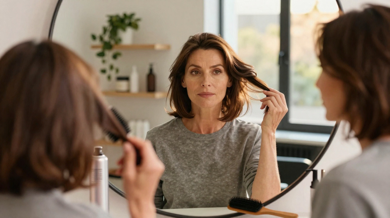 Mulher olhando seu cabelo no espelho redondo enquanto penteia com escova no banheiro.