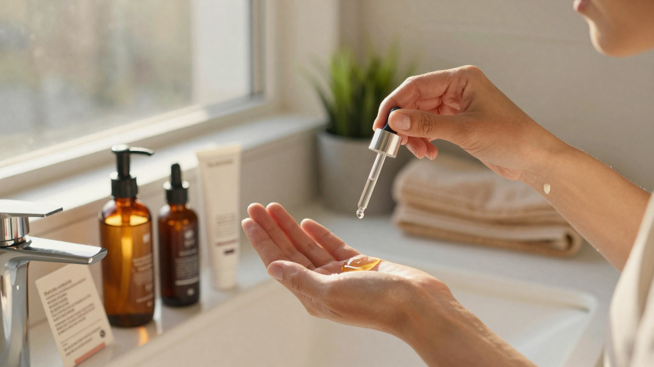 Pessoa aplicando sérum com conta-gotas nas mãos em banheiro com produtos de cuidados pessoais.