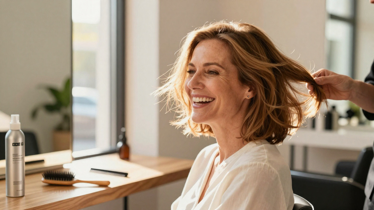 Mulher sorridente com cabelo curto sendo penteada em salão de beleza iluminado.