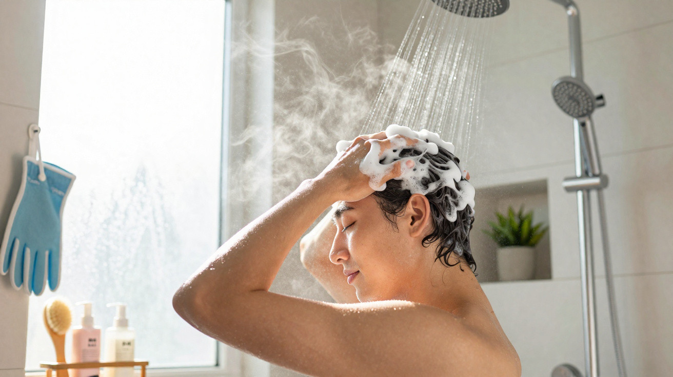 Pessoa lavando o cabelo com shampoo na ducha em banheiro iluminado por luz natural.