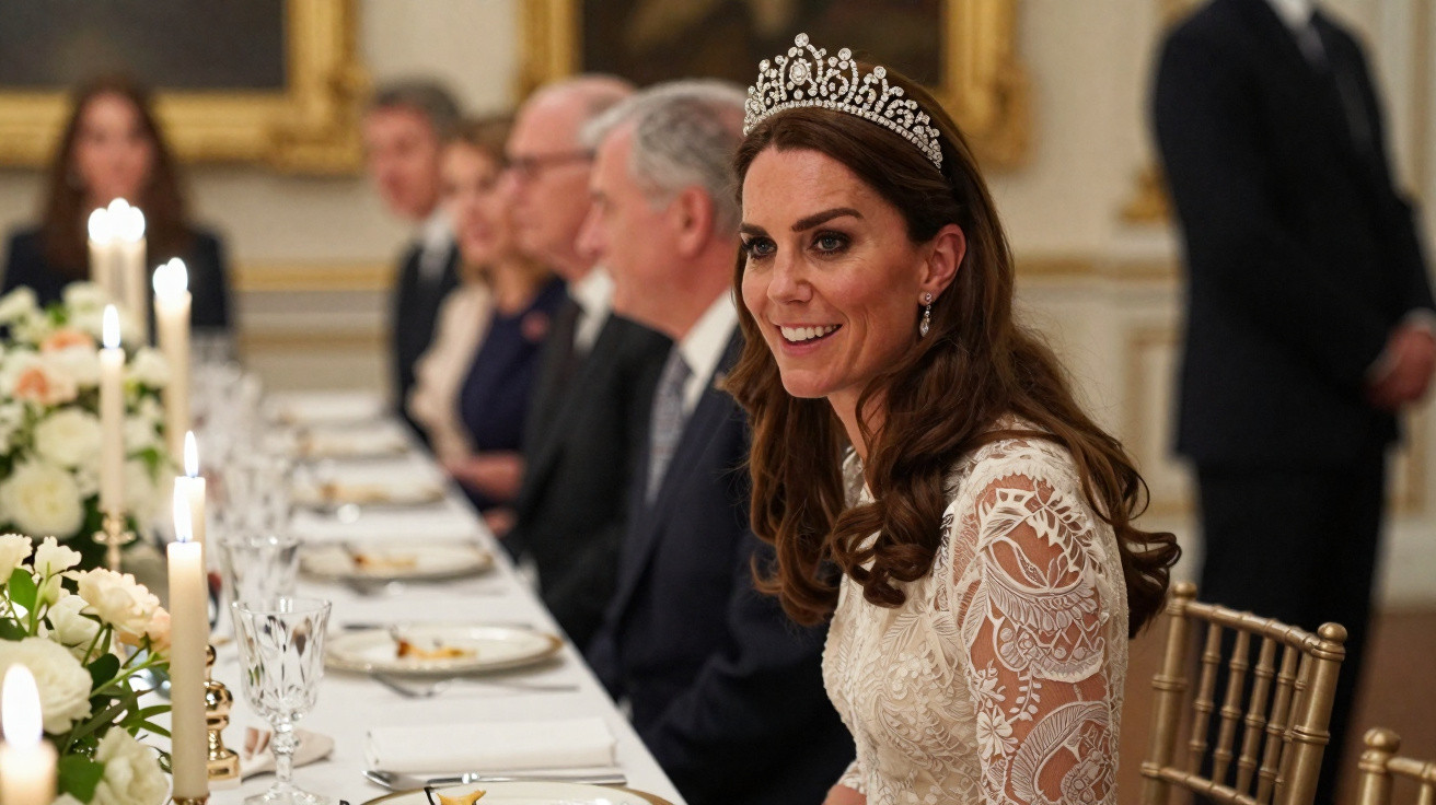 Mulher com vestido branco rendado e tiara sorrindo em jantar formal com outras pessoas.