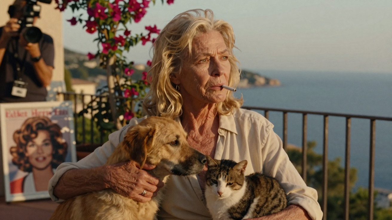 Mulher idosa com cigarro no canto da boca abraça um cachorro e um gato em varanda com vista para o mar.
