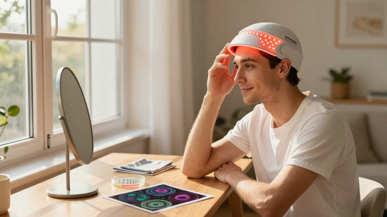 Homem usando capacete de terapia por luz vermelha sentado à mesa com espelho e gráficos coloridos à sua frente.