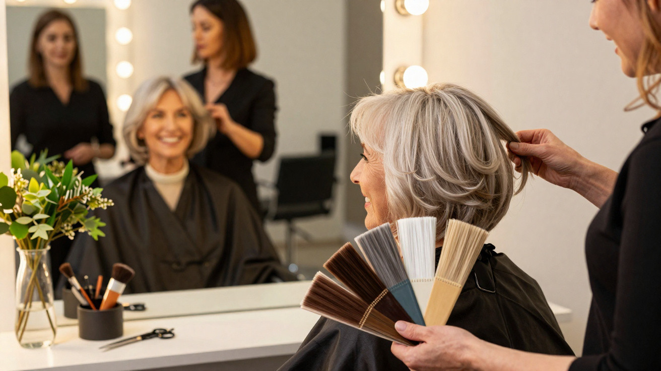 Mulher sorridente no salão de beleza escolhe tons de tintura para cabelo cinza com cabeleireira.