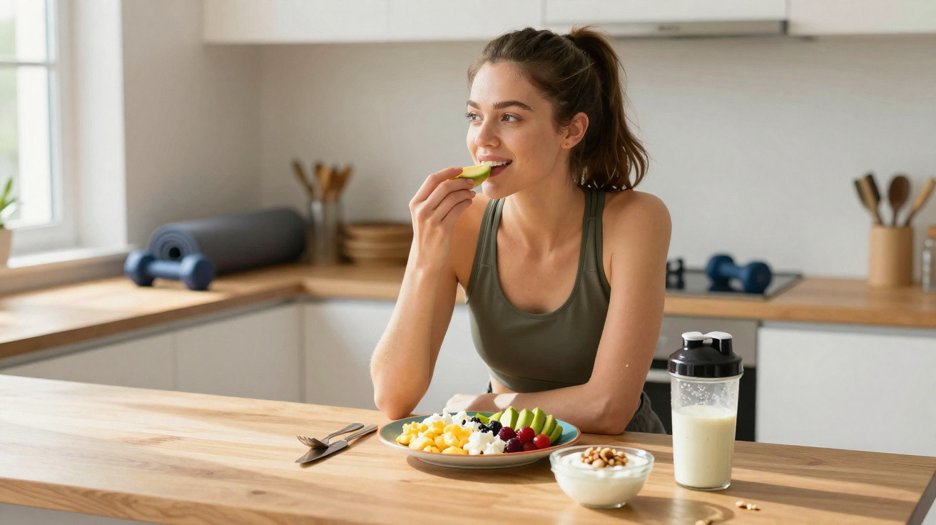 Mulher jovem em roupa de ginástica comendo frutas em cozinha moderna, com iogurte e shake na mesa.