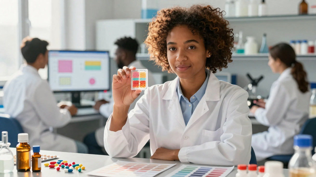 Mulher cientista segura placa de microchips coloridos em laboratório com colegas ao fundo.