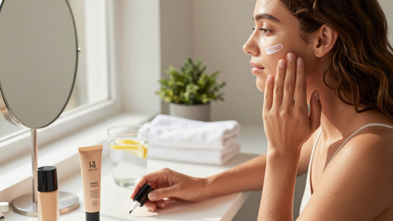 Mulher aplicando creme no rosto sentado à mesa com espelho e produtos de skincare ao lado.